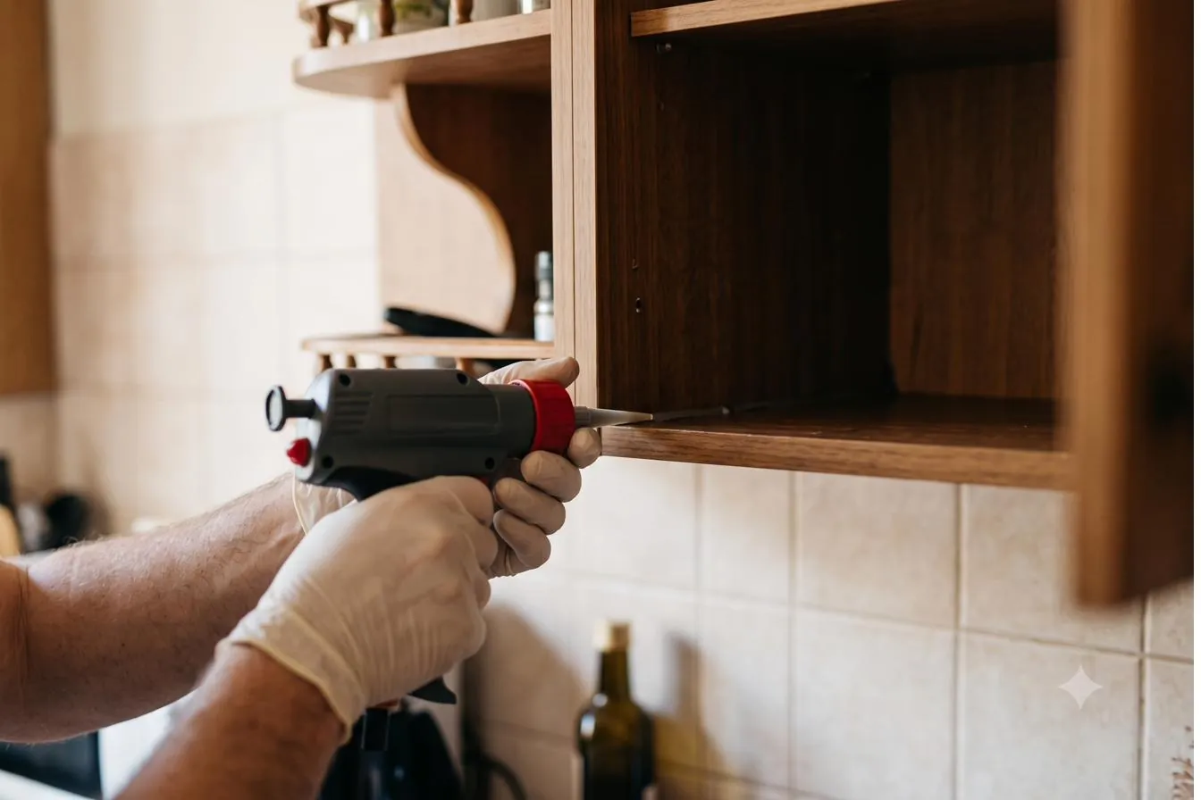 Técnico de Aquita en un tratamiento de desinsectación en una cocina