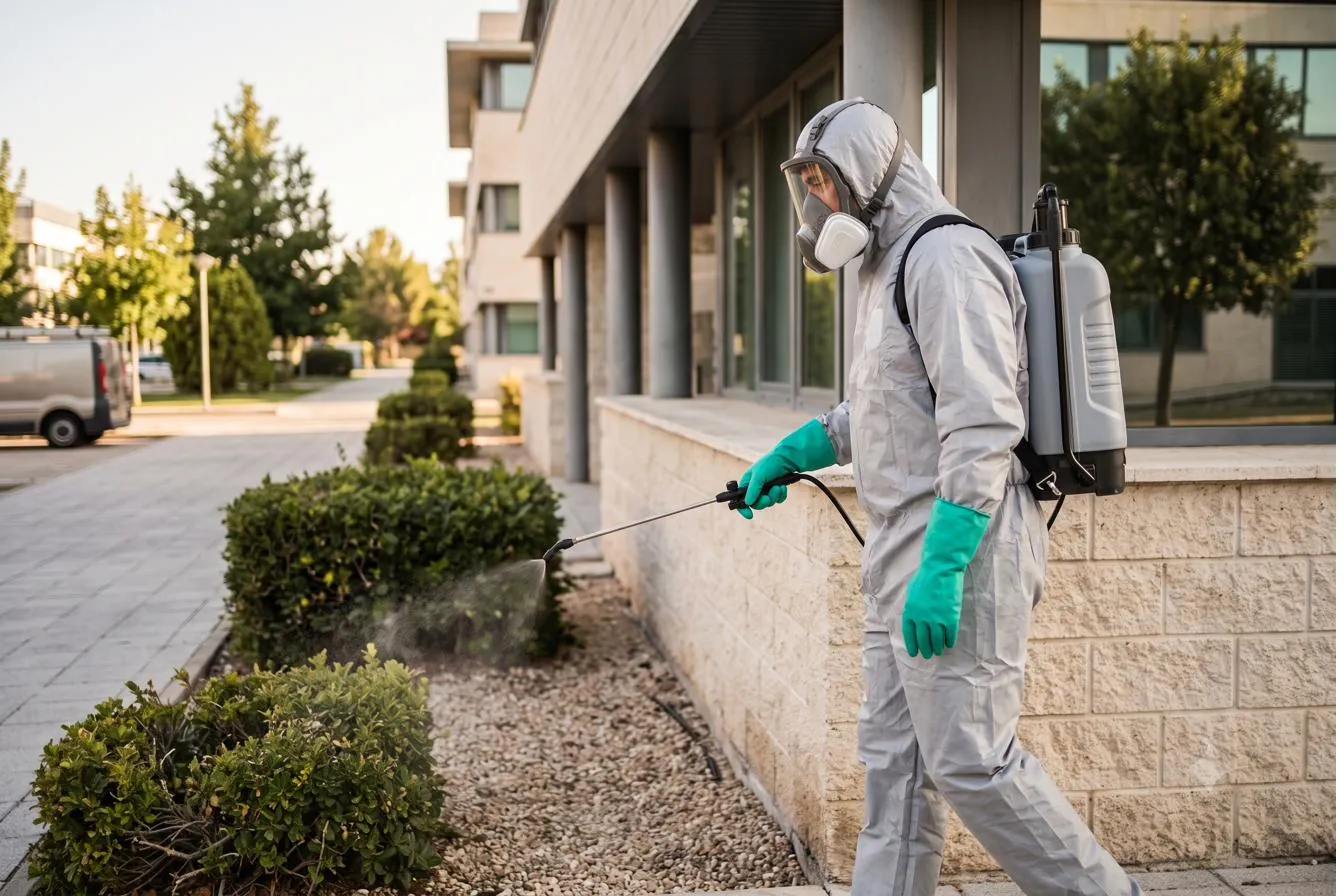 Técnico de Aquita fumigando el perímetro de un edificio