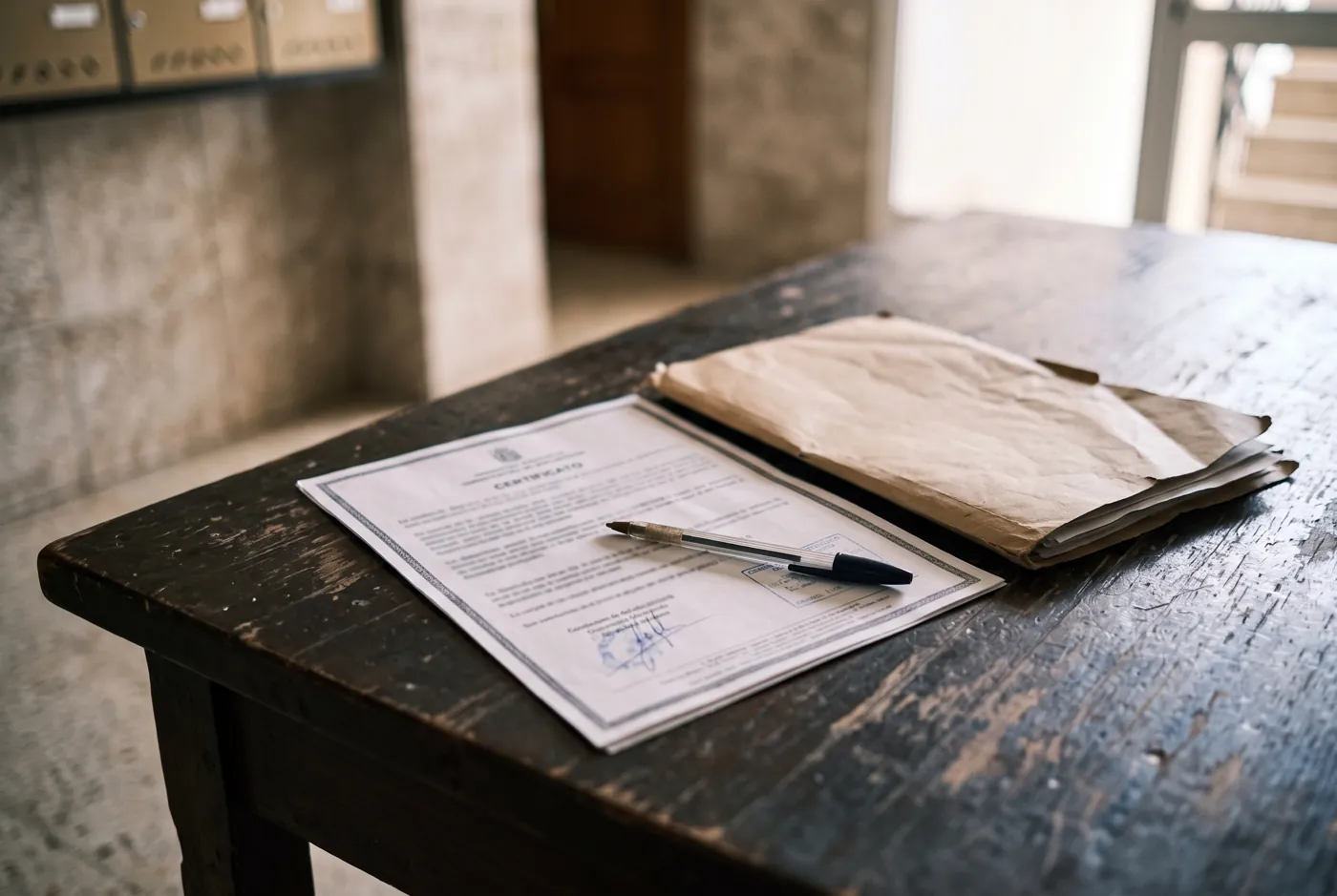 Certificado de tratamiento y bolígrafo sobre una mesa